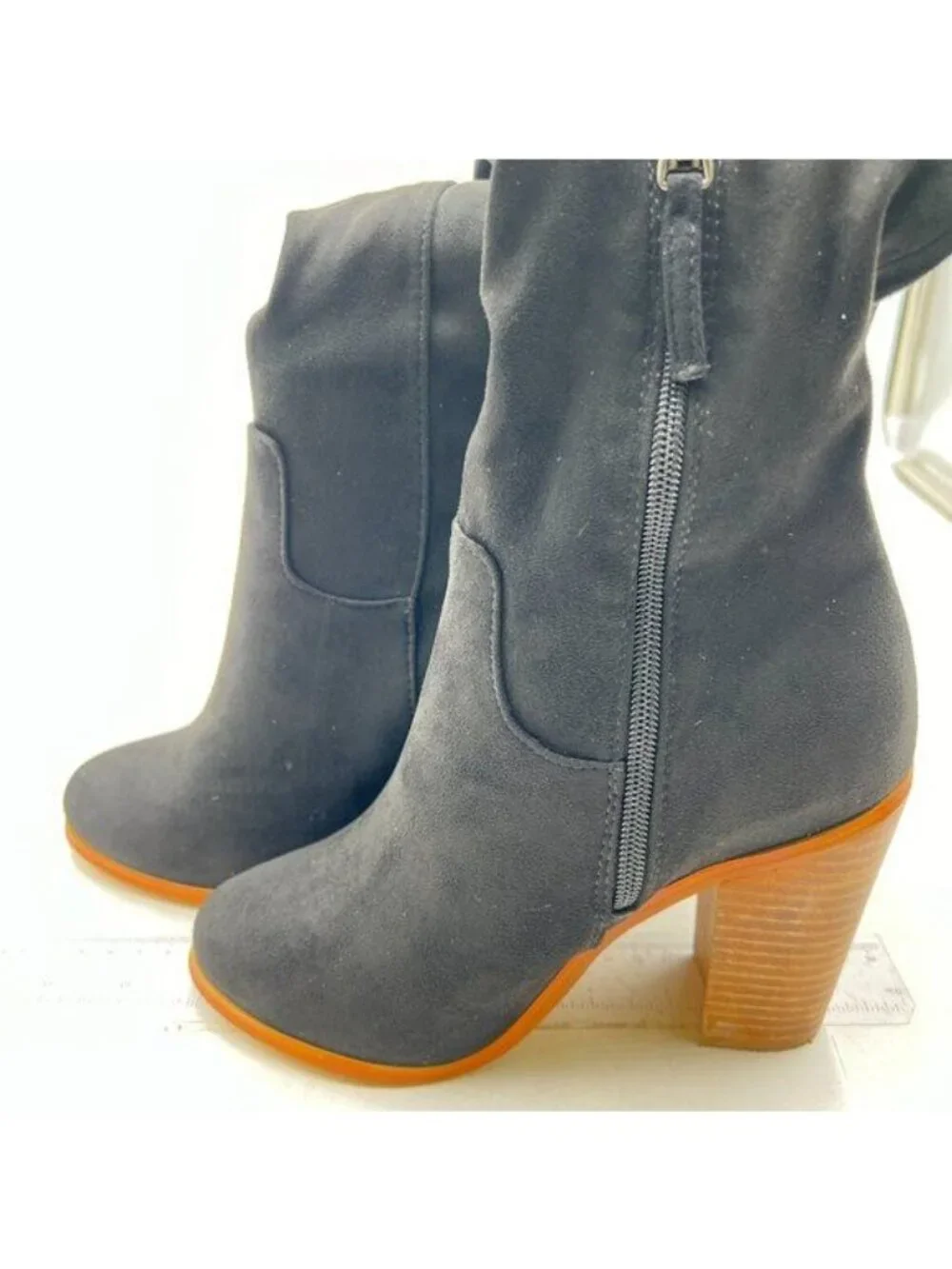 Women Chic Knee High Boots Stretch Pull On Round Closed Toe Long Booties Black